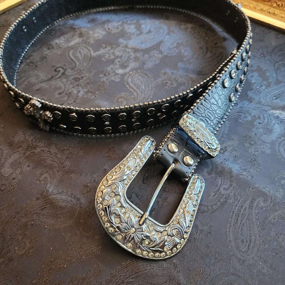 Womens Black Leather Western Bling Cross Rhinestone Belt M/L 32-35 6061SM